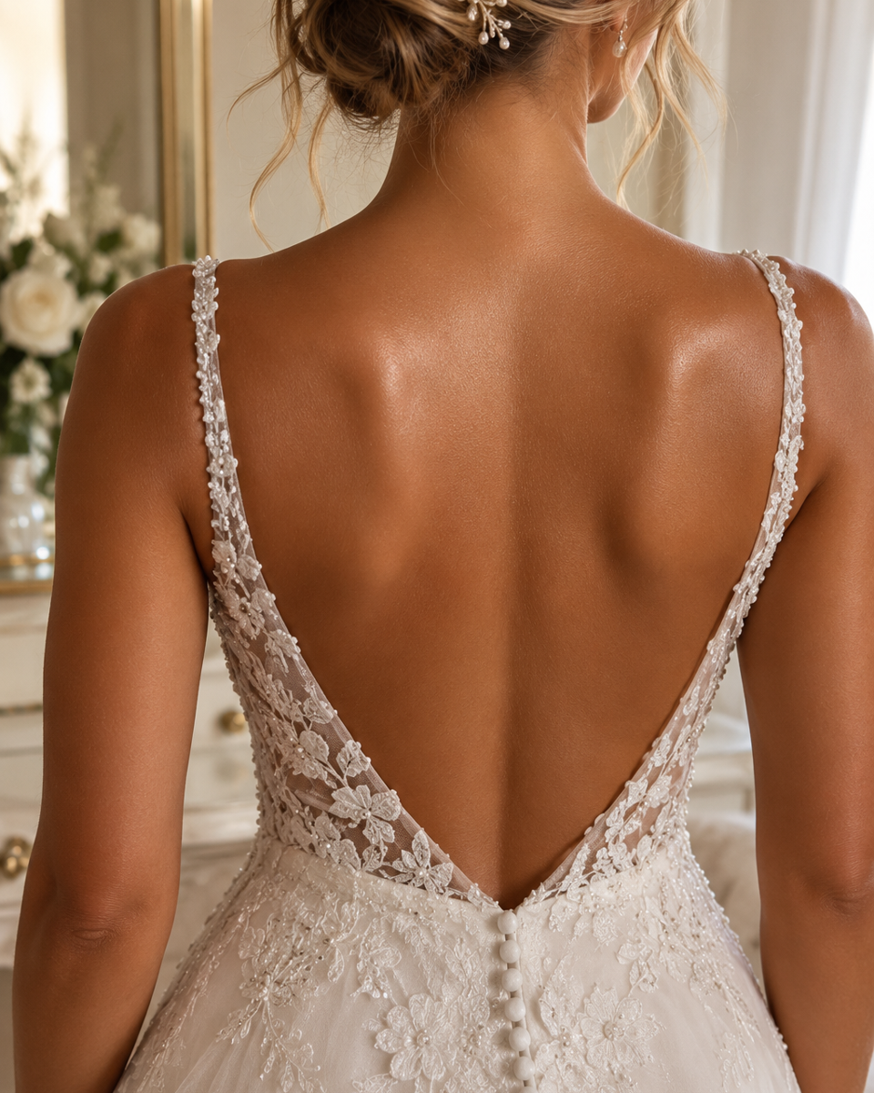 Image shows a bride in her dress with a tanned back